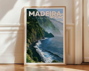 Madeira Seixal Travel Poster, Portugal Black Sand Beach Wall Art Print, Island Coastal Decor