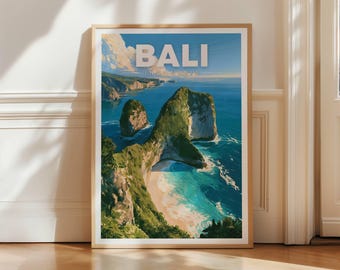 Bali Nusa Penida Travel Poster, Kelingking Beach Wall Art Print, Indonesia Coastal Decor