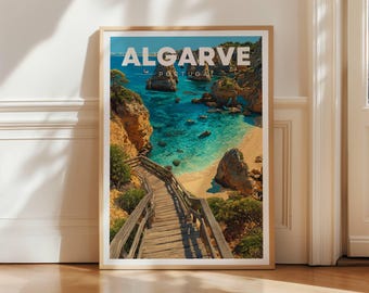 Algarve Travel Poster, Portugal Coastal Wall Art Print, Beach Cove and Cliffs Decor