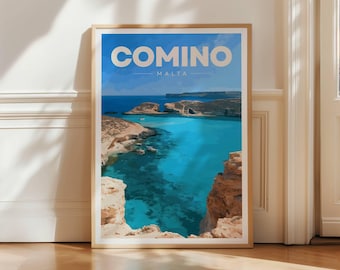 Comino Blue Lagoon Travel Poster, Malta Coastal Wall Art Print, Mediterranean Island Decor