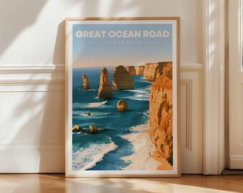Great Ocean Road Travel Poster, Twelve Apostles Wall Art Print, Victoria Australia Coastal Decor