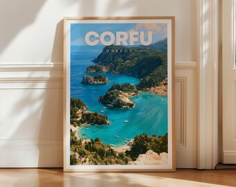 Corfu Paleokastritsa Travel Poster, Greece Coastal Wall Art Print, Greek Island Decor