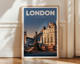 London Piccadilly Circus Travel Poster, England City Wall Art Print, Red Bus Landmark Decor