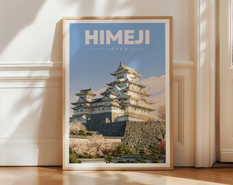 Himeji Castle Travel Poster, Japan Landmark Wall Art Print, Japanese Architecture Decor