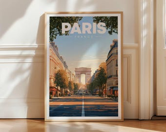 Paris Champs-Élysées Travel Poster, Arc de Triomphe Wall Art Print (Physical Print)