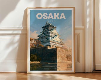Osaka Castle Travel Poster, Japan Landmark Wall Art Print, Japanese Architecture Decor