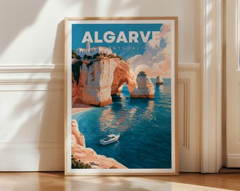 Plakat podróżniczy do Algarve w Portugalii, wydruk artystyczny na klifie nadmorskim (wydruk fizyczny)
