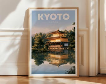 Kyoto Kinkakuji Travel Poster, Golden Pavilion Wall Art Print, Japan Temple Decor