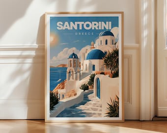 Santorini Greece Print, Oia Blue Domes Wall Art, Greek Island Illustrated Poster