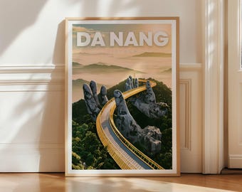 Da Nang Golden Bridge Travel Poster, Ba Na Hills Wall Art Print, Vietnam Landmark Decor