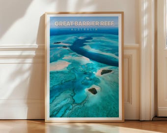 Great Barrier Reef Australia Travel Poster, Coral Sea Wall Art Print