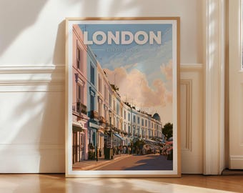 London Notting Hill Travel Poster, Portobello Road Wall Art Print, England City Decor