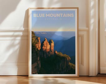 Blue Mountains Australia Travel Poster, Three Sisters Landscape Art Print (Physical Print)