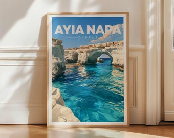 Ayia Napa Sea Caves Travel Poster, Cyprus Coastal Wall Art Print, Mediterranean Beach Decor