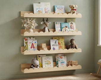 Kids Wall Bookshelf, Wooden Floating Shelves for Nursery, Toddler Book Storage, 4 Pack Scalloped Shelves, Boho Kids Room Decor