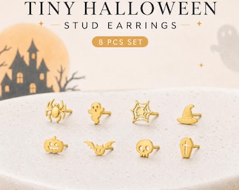 小さなハロウィンスタッドピアスセット、ゴースト、コウモリ、クモ、カボチャ、スカル、棺桶、魔女の帽子のピアス、小さなピアススタック、ハロウィンジュエリーギフト
