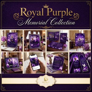 Peut inclure: Une collection commémorative Royal Purple présentant de la papeterie funéraire violet foncé avec des accents dorés. Les articles incluent des portraits encadrés, des programmes pliés, des panneaux d'accueil, des cartes de remerciement et des marque-pages.