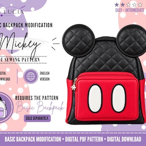 May include: A digital PDF sewing pattern for a Mickey-themed backpack modification. The backpack features a black quilted exterior with two round ears, a red front pocket with two white oval accents, and a small white glove-shaped zipper pull.