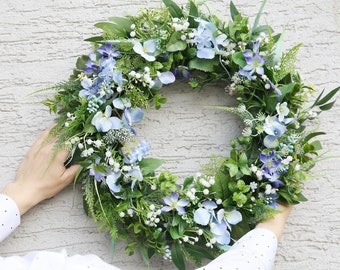 Spring summer flower wreath for front door blue wreath large flower wreath floral door decor 20 inch wreath outdoor summer wreath