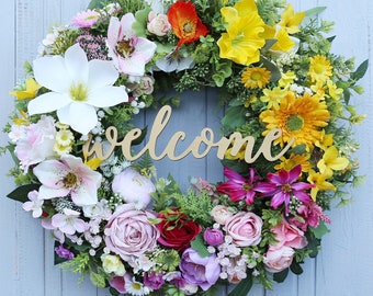 Vibrant Spring Summer Wreath for Front Door - Outdoor Artificial Floral Arrangement