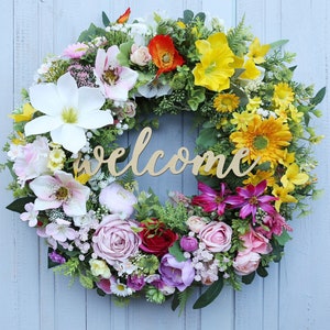 Vibrant Summer Wreath for Front Door - Outdoor Rainbow Arrangement