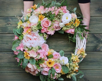 Large floral wreath for front door spring summer flower wreath modern farmhouse year round wreath  welcome wreath home decor gift for her