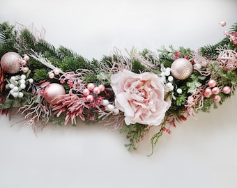 Pink Christmas Garland for Fireplace: Holiday Mantle Runner Xmas Table Decor