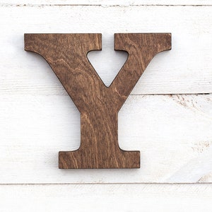May include: A wooden letter Y, painted a dark brown color, is displayed against a white wood background.