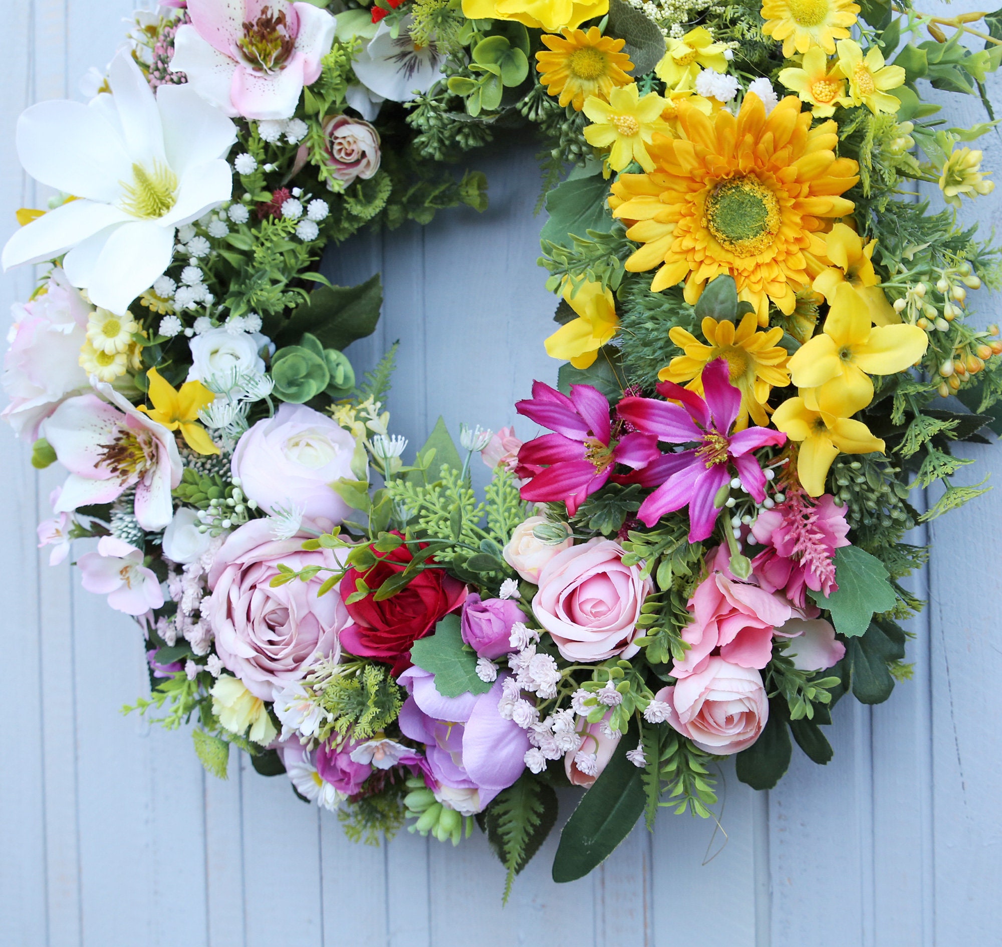 Ghirlanda a molla grande da 71 cm per porta d'ingresso, ghirlanda floreale estiva con margherite Lanvender fiori di campo per interni ed esterni decorazioni per la casa