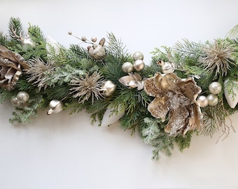 Christmas Garland Fireplace Gold Champagne Mantle Runner Luxury Holiday Decor