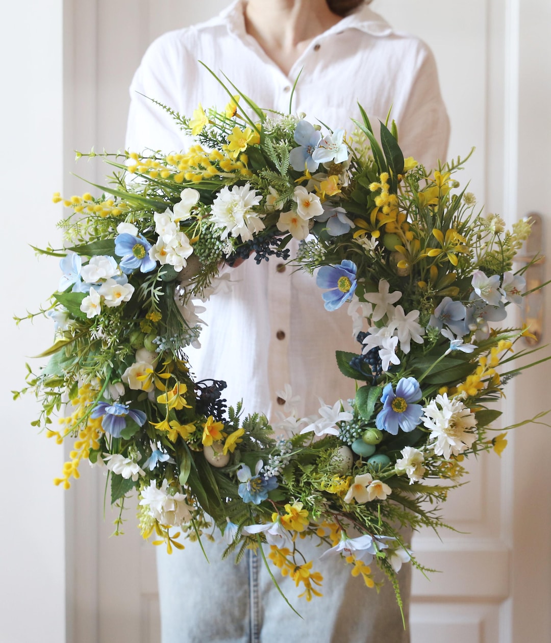 Couronne De Porte Avec Panneau De Bienvenue, Couronne Artificielle, Couronne Porte D'été Printemps, Porte Panier à Couronne D'ornements Suspendus Porte D 'entrée, Pour Mariage Porte Fête Fenêtre