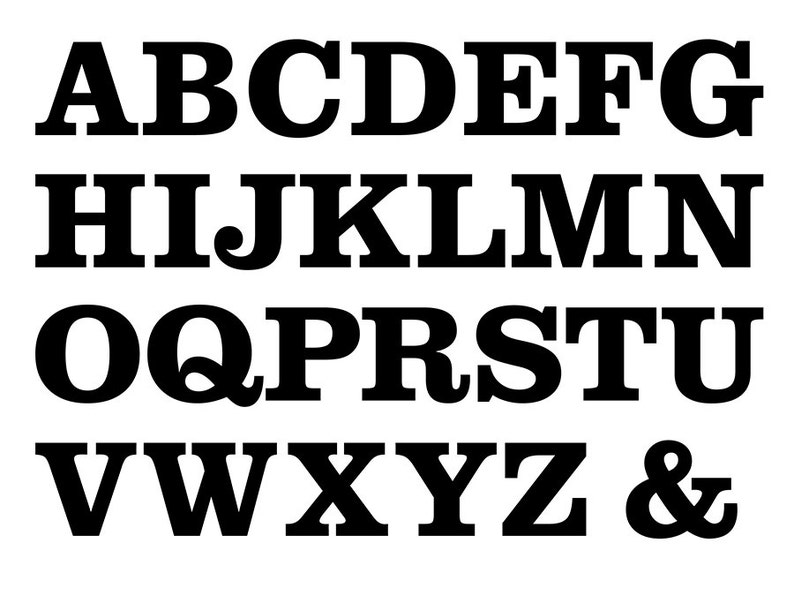 May include: Black and white alphabet letters in a bold, blocky font style. The letters are arranged in three rows, with the first row containing the letters A through G, the second row containing the letters H through N, the third row containing the letters O through U, and the fourth row containing the letters V through Z and the ampersand symbol.