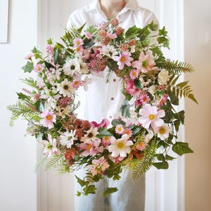 Summer Wildflower Daisy Wreath For Front Door, Outside Decor with Faux Floral