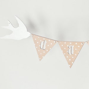 Name banner with swallows - Custom baby bunting birthday garland personalized wooden baby shower decor pastel decoration polka dots bird