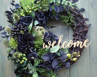 Black Halloween Wreath – Gothic Eucalyptus, Orchid, Rose Fall Door Decor