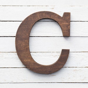 May include: A dark brown wooden letter C on a white wood background.