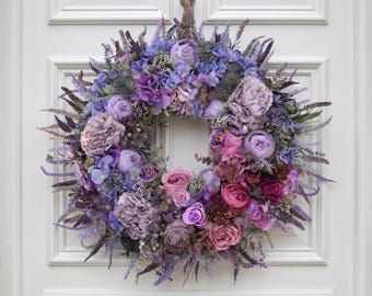 Summer Wreath for Front Door Large Lavender Decoration Outdoor Faux Floral Hanger