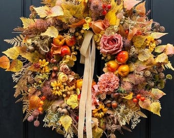 Autumn Wreath with Velvet Ribbon - Front Door Floral Decoration for Fall Home Decor