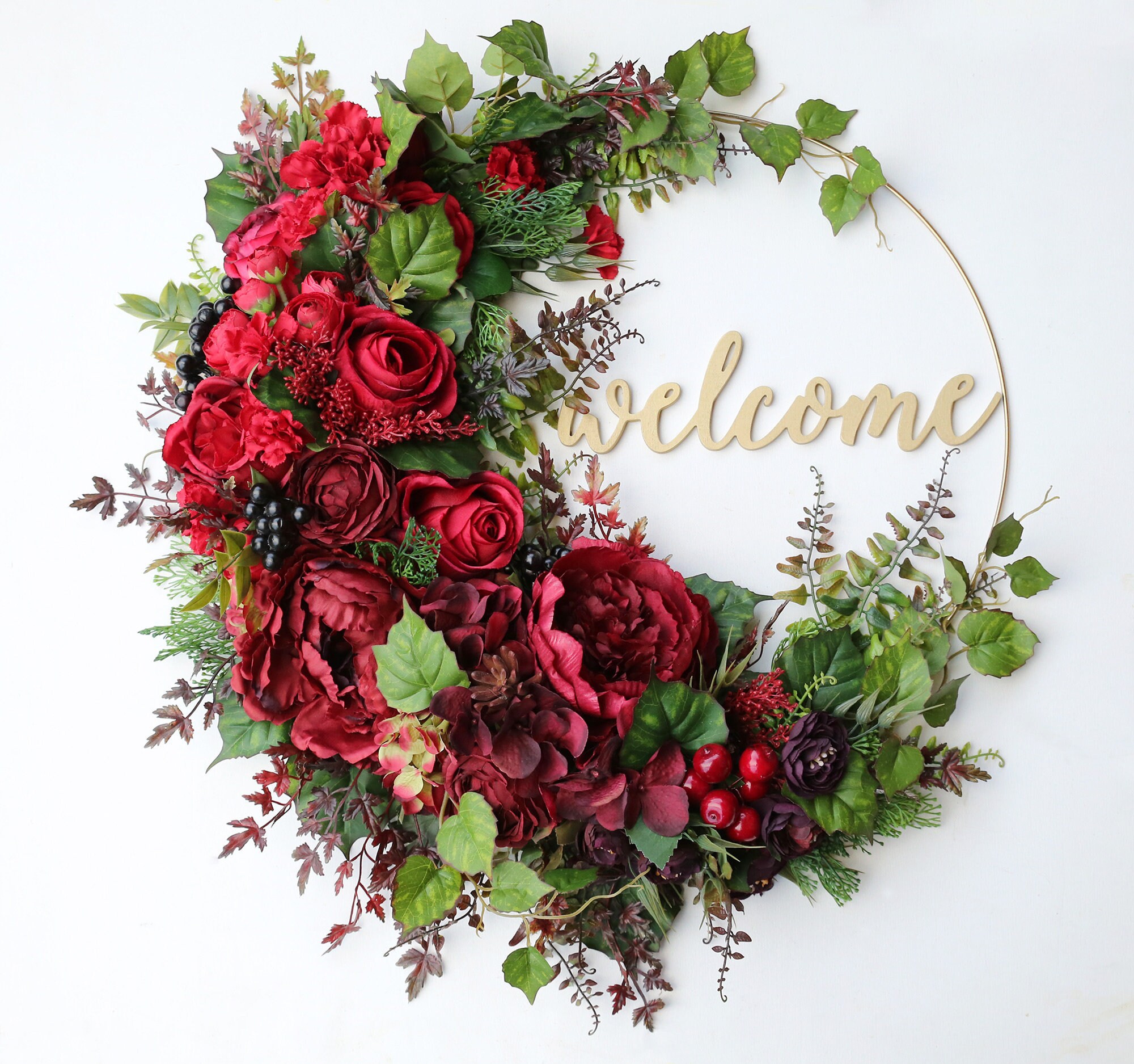 Orange and cream wreath Fall door decor Modern hoop wreath 16 inch Peony wreath