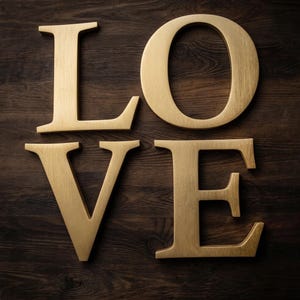 May include: The word "LOVE" is spelled out in gold-coloured metal letters, set against a dark brown wooden background. The letters are large and three-dimensional, offering a strong visual contrast with the wood grain.