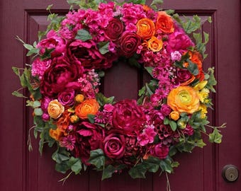 Summer Peony & Ivy Wreath for Front Door XXL Outdoor Faux Flower Decoration