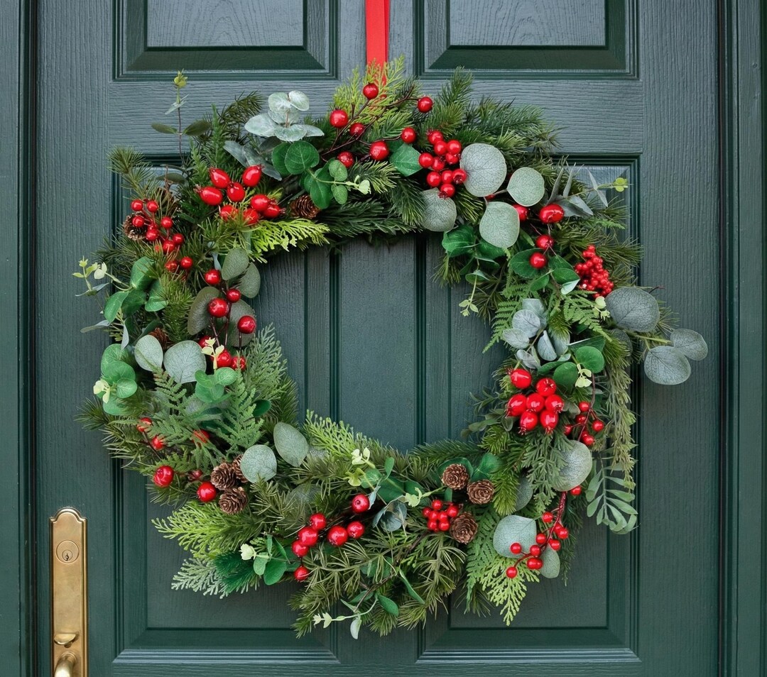 Red Berry Winter Wreath for Front Door Artificial Christmas Decor Pine ...