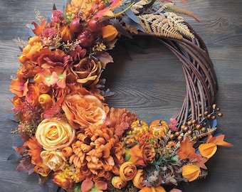 Large Farmhouse Fall Pumpkin Wreath for Outdoor Thanksgiving Decor - Festive Entryway Decoration