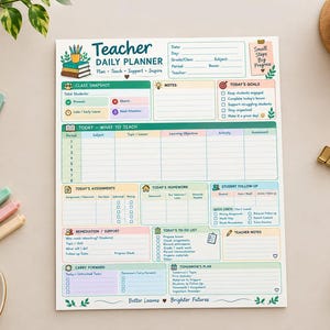 Puede incluir: Una hoja rectangular de planificador diario para docentes con secciones para resúmenes de clase, objetivos, horarios, tareas, deberes, seguimiento de estudiantes, refuerzo, listas de tareas y planes para mañana, con tonos pastel.