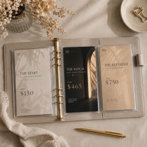 May include: A beige six-ring binder containing three clear plastic sleeves with printed inserts. The inserts are labeled 01 The Start, 02 The Ritual, and 03 The Elevated, featuring savings goals of $150, $465, and $750 respectively.