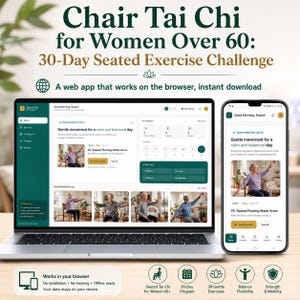 Könnte beinhalten: Eine Web-App-Oberfläche für eine 30-tägige Tai-Chi-Sitzübungschallenge, dargestellt auf einem Laptop und einem Smartphone. Der Bildschirm zeigt ein Dashboard mit täglichen Übungsroutinen, Fortschrittsverfolgung und Anleitungsvideos.