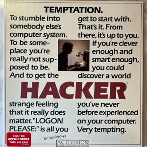 May include: A square game box cover for the Apple II computer game Hacker by Activision. The off-white cover features black text describing the game, a central photograph of a person at a computer, the title HACKER in large red letters, and a red label.