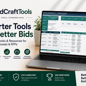 Puede incluir: Un portátil que muestra el panel de control A.C.E.E.R. AUSTRALIA v1.0 con tablas de datos en verde y blanco. El logotipo de BidCraftTools y el texto Smarter Tools for Better Bids aparecen junto a iconos de libros de trabajo y cumplimiento.