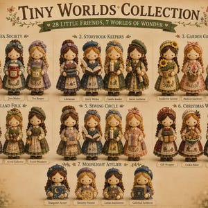 Peut inclure: Une collection de 28 petites poupées intitulée Tiny Worlds Collection, 28 Little Friends, 7 Worlds of Wonder. Les poupées sont organisées en sept groupes thématiques, dont Cozy Tea Society, Storybook Keepers, Garden Companions, Woodland Folk, Sewing Circle, Christmas Workshop et Moonlight Atelier, chacune présentant des tenues et des accessoires distincts.