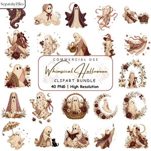 Può includere: Una collezione digitale di illustrazioni di fantasmi con vari motivi, accenti floreali, zucche ed elementi autunnali. Il testo centrale recita: Commercial Use Whimsical Halloween Clipart Bundle 40 PNG High Resolution. Ogni fantasma è raffigurato in toni crema e marrone.